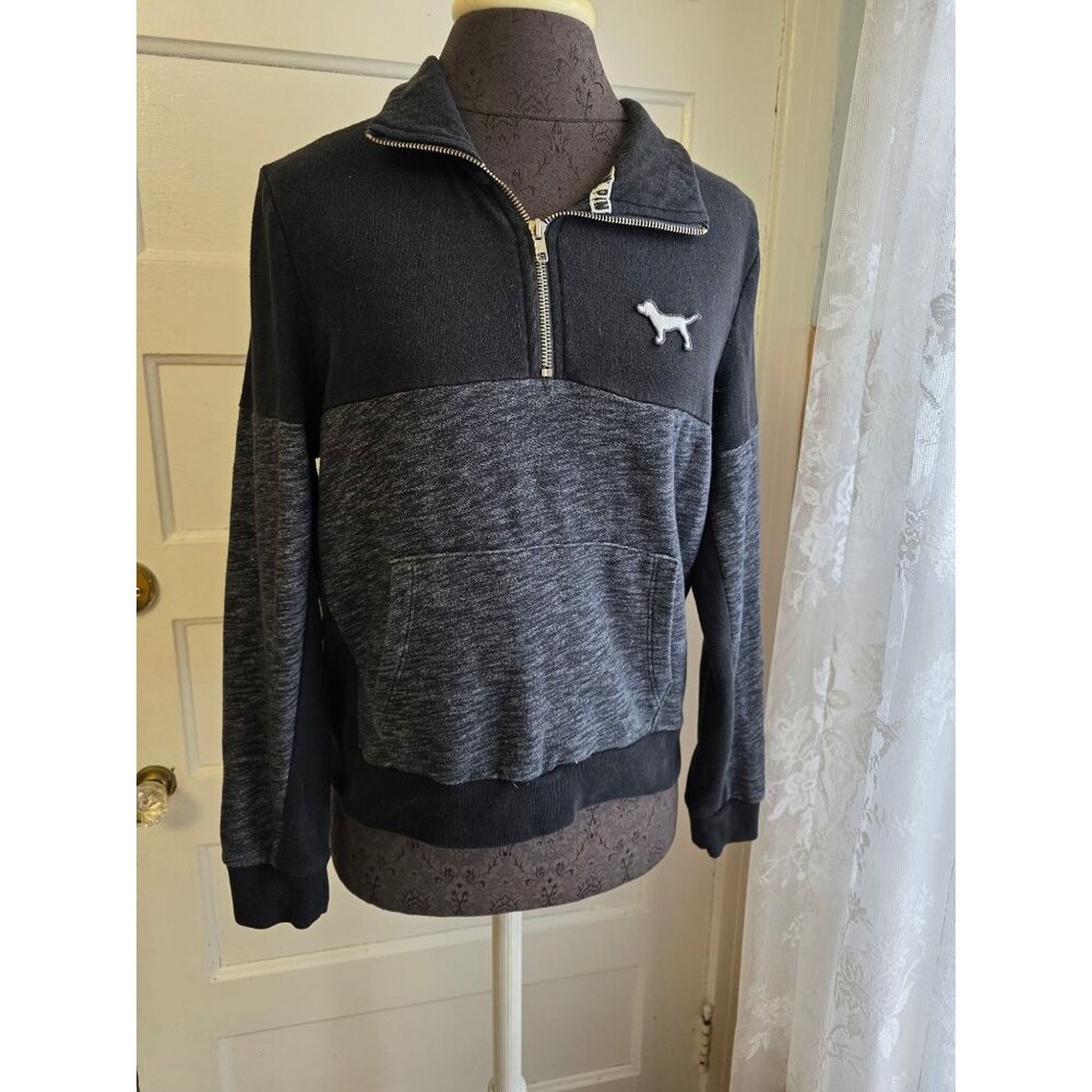 Victorias Secret Pink Womens Black & Gray Half-Zip Pullover Sweatshirt With Dog